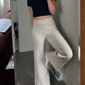 Cream Ribbed Knit Pants